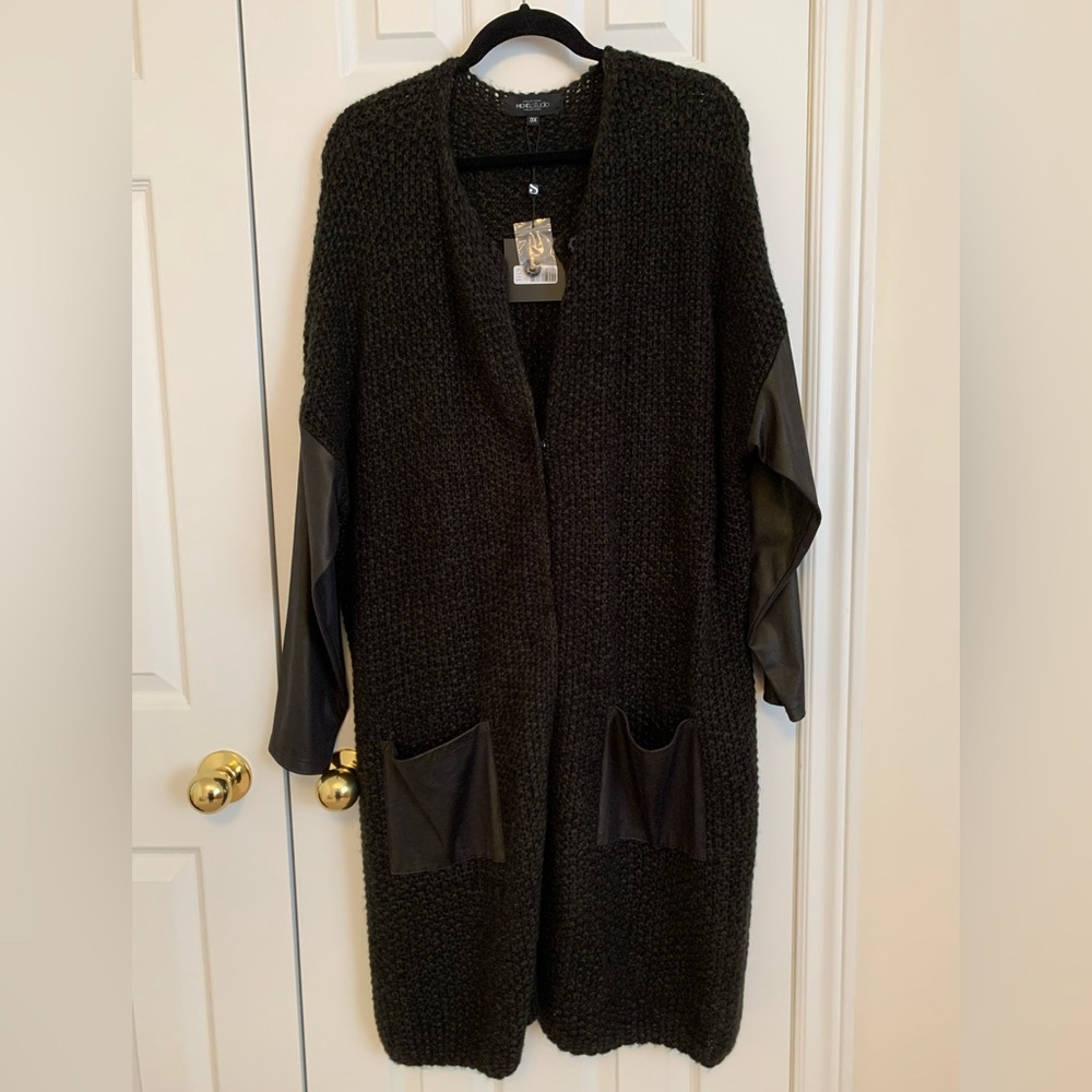 Michel Studio Long Cardigan w/ faux leather sleeves and patch pockets, worn once